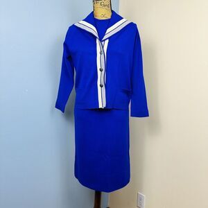 50s Amalfi Imports 3 Pc Italian Wool Knit‎ Womens Suit Blue Pencil Skirt Sz L 12
